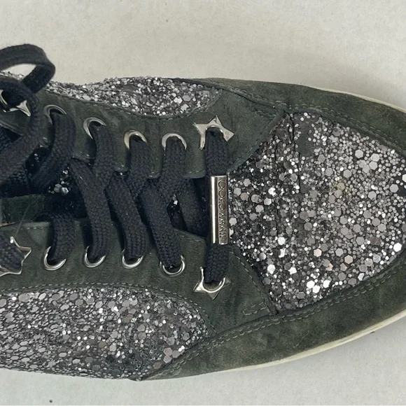 Jimmy Choo Women’s Size 41 Gray Suede & Black Glitter High-Top Sneakers - Picture 13 of 13